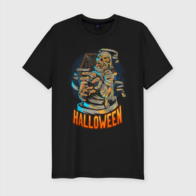 Мужская футболка хлопок Slim с принтом Halloween Mummy в Курске, 92% хлопок, 8% лайкра | приталенный силуэт, круглый вырез ворота, длина до линии бедра, короткий рукав | art | bones | cobweb | halloween | moon | mummy | skeleton | skull | арт | кости | луна | мумия | паутина | скелет | хэллоуин | хэлуин | череп
