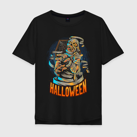 Мужская футболка хлопок Oversize с принтом Halloween Mummy в Белгороде, 100% хлопок | свободный крой, круглый ворот, “спинка” длиннее передней части | art | bones | cobweb | halloween | moon | mummy | skeleton | skull | арт | кости | луна | мумия | паутина | скелет | хэллоуин | хэлуин | череп