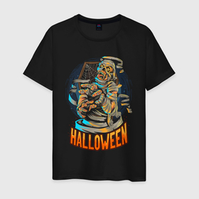 Мужская футболка хлопок с принтом Halloween Mummy , 100% хлопок | прямой крой, круглый вырез горловины, длина до линии бедер, слегка спущенное плечо. | art | bones | cobweb | halloween | moon | mummy | skeleton | skull | арт | кости | луна | мумия | паутина | скелет | хэллоуин | хэлуин | череп