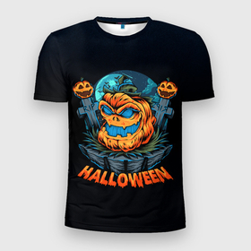 Мужская футболка 3D Slim с принтом Ночь ужасов в Белгороде, 100% полиэстер с улучшенными характеристиками | приталенный силуэт, круглая горловина, широкие плечи, сужается к линии бедра | halloween | арт | графика | мистика | праздник | тыква | ужасы | хэллоуин