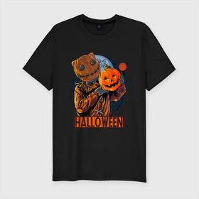 Мужская футболка хлопок Slim с принтом Halloween Scarecrow в Тюмени, 92% хлопок, 8% лайкра | приталенный силуэт, круглый вырез ворота, длина до линии бедра, короткий рукав | art | bat | halloween | halwin | moon | pumpkin | scarecrow | stuffed | арт | летучая мышь | луна | пугало | тыква | хэллоуин | хэлуин | чучело