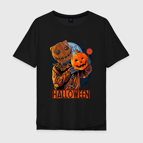 Мужская футболка хлопок Oversize с принтом Halloween Scarecrow в Екатеринбурге, 100% хлопок | свободный крой, круглый ворот, “спинка” длиннее передней части | art | bat | halloween | halwin | moon | pumpkin | scarecrow | stuffed | арт | летучая мышь | луна | пугало | тыква | хэллоуин | хэлуин | чучело
