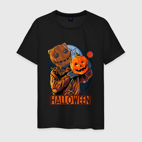 Мужская футболка хлопок с принтом Halloween Scarecrow в Курске, 100% хлопок | прямой крой, круглый вырез горловины, длина до линии бедер, слегка спущенное плечо. | art | bat | halloween | halwin | moon | pumpkin | scarecrow | stuffed | арт | летучая мышь | луна | пугало | тыква | хэллоуин | хэлуин | чучело
