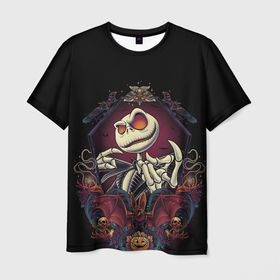 Мужская футболка 3D с принтом Скелет Хэллоуин , 100% полиэфир | прямой крой, круглый вырез горловины, длина до линии бедер | летучая мышь | скелет | тыква | хэллоуин | шляпа
