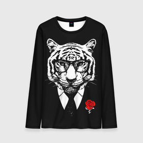 Мужской лонгслив 3D с принтом Тигр с красной розой в Белгороде, 100% полиэстер | длинные рукава, круглый вырез горловины, полуприлегающий силуэт | 2022 | authority | black suit | godfather | holiday | mafia | new year | red rose | year of the tiger | авторитет | год тигра | красная роза | крестный отец | мафия | новый год | праздник | тигр в очках | черный костюм