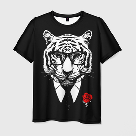 Мужская футболка 3D с принтом Тигр с красной розой , 100% полиэфир | прямой крой, круглый вырез горловины, длина до линии бедер | 2022 | authority | black suit | godfather | holiday | mafia | new year | red rose | year of the tiger | авторитет | год тигра | красная роза | крестный отец | мафия | новый год | праздник | тигр в очках | черный костюм