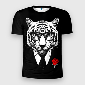 Мужская футболка 3D спортивная с принтом Тигр с красной розой , 100% полиэстер с улучшенными характеристиками | приталенный силуэт, круглая горловина, широкие плечи, сужается к линии бедра | 2022 | authority | black suit | godfather | holiday | mafia | new year | red rose | year of the tiger | авторитет | год тигра | красная роза | крестный отец | мафия | новый год | праздник | тигр в очках | черный костюм