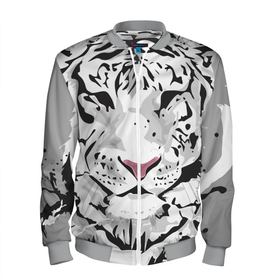 Мужской бомбер 3D с принтом Белый снежный тигр в Курске, 100% полиэстер | застегивается на молнию, по бокам два кармана без застежек, по низу бомбера и на воротнике - эластичная резинка | Тематика изображения на принте: 2022 | art | beast | new year | predator | splashes and drops | white tiger | year of the tiger | белый тигр | брызги и капли | год тигра | зверь | искусство | новый год | хищник