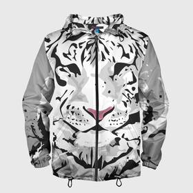 Мужская ветровка 3D с принтом Белый снежный тигр в Тюмени, 100% полиэстер | подол и капюшон оформлены резинкой с фиксаторами, два кармана без застежек по бокам, один потайной карман на груди | 2022 | art | beast | new year | predator | splashes and drops | white tiger | year of the tiger | белый тигр | брызги и капли | год тигра | зверь | искусство | новый год | хищник