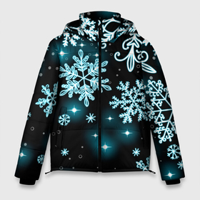 Мужская зимняя куртка 3D с принтом Космические снежинки в Екатеринбурге, верх — 100% полиэстер; подкладка — 100% полиэстер; утеплитель — 100% полиэстер | длина ниже бедра, свободный силуэт Оверсайз. Есть воротник-стойка, отстегивающийся капюшон и ветрозащитная планка. 

Боковые карманы с листочкой на кнопках и внутренний карман на молнии. | Тематика изображения на принте: christmas | happy new year | merry christmas | neon | new year | snow | snowflakes | winter | декабрь | звезды | зима | зимний орнамент | зимний узор | зимняя ночь | неоновый | новогодний принт | новогодняя ночь | новый год | ночь | подарок