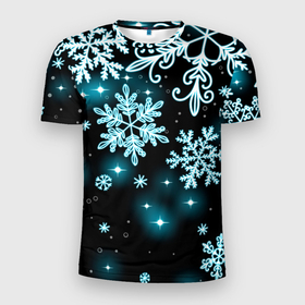 Мужская футболка 3D спортивная с принтом Космические снежинки в Тюмени, 100% полиэстер с улучшенными характеристиками | приталенный силуэт, круглая горловина, широкие плечи, сужается к линии бедра | christmas | happy new year | merry christmas | neon | new year | snow | snowflakes | winter | декабрь | звезды | зима | зимний орнамент | зимний узор | зимняя ночь | неоновый | новогодний принт | новогодняя ночь | новый год | ночь | подарок