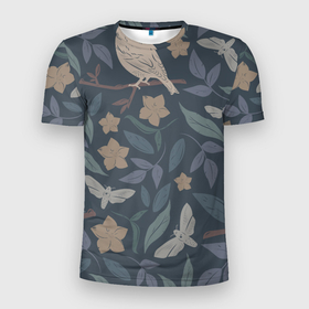 Мужская футболка 3D Slim с принтом Летняя полночь в Тюмени, 100% полиэстер с улучшенными характеристиками | приталенный силуэт, круглая горловина, широкие плечи, сужается к линии бедра | лето | мотыльки | ночь | темный принт | цветы