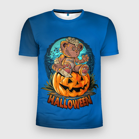 Мужская футболка 3D Slim с принтом Мишка маньяк в Курске, 100% полиэстер с улучшенными характеристиками | приталенный силуэт, круглая горловина, широкие плечи, сужается к линии бедра | halloween | арт | графика | зомби | медведь | мистика | праздник | тыква | ужасы | хэллоуин