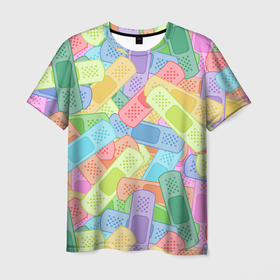 Мужская футболка 3D с принтом Цветные пластыри , 100% полиэфир | прямой крой, круглый вырез горловины, длина до линии бедер | заклеить | медицина | паттерн | пластырь | починить | починка | узор | юмор