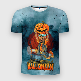 Мужская футболка 3D Slim с принтом Ночной спринт в Кировске, 100% полиэстер с улучшенными характеристиками | приталенный силуэт, круглая горловина, широкие плечи, сужается к линии бедра | halloween | арт | графика | мистика | праздник | скелет | тыква | ужасы | хэллоуин | череп