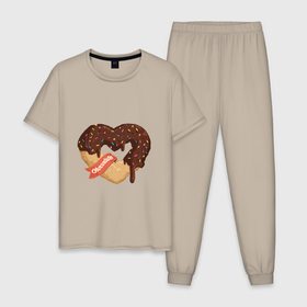 Мужская пижама хлопок с принтом Пончиковая любовь в Санкт-Петербурге, 100% хлопок | брюки и футболка прямого кроя, без карманов, на брюках мягкая резинка на поясе и по низу штанин
 | Тематика изображения на принте: love | иллюстрация | пончик | сердце | сладкое | шоколад