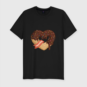 Мужская футболка хлопок Slim с принтом Пончиковая любовь , 92% хлопок, 8% лайкра | приталенный силуэт, круглый вырез ворота, длина до линии бедра, короткий рукав | love | иллюстрация | пончик | сердце | сладкое | шоколад