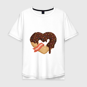Мужская футболка хлопок Oversize с принтом Пончиковая любовь в Тюмени, 100% хлопок | свободный крой, круглый ворот, “спинка” длиннее передней части | love | иллюстрация | пончик | сердце | сладкое | шоколад