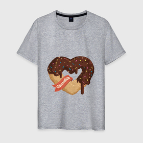 Мужская футболка хлопок с принтом Пончиковая любовь в Санкт-Петербурге, 100% хлопок | прямой крой, круглый вырез горловины, длина до линии бедер, слегка спущенное плечо. | Тематика изображения на принте: love | иллюстрация | пончик | сердце | сладкое | шоколад
