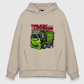 Мужское худи Oversize хлопок с принтом Love Trucks в Екатеринбурге, френч-терри — 70% хлопок, 30% полиэстер. Мягкий теплый начес внутри —100% хлопок | боковые карманы, эластичные манжеты и нижняя кромка, капюшон на магнитной кнопке | cars | грузовик | зеленый | иллюстрация | машина