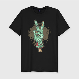 Мужская футболка хлопок Slim с принтом Zombie Hand в Курске, 92% хлопок, 8% лайкра | приталенный силуэт, круглый вырез ворота, длина до линии бедра, короткий рукав | art | bones | halloween | halwin | hand | world | zombie | арт | зомби | кости | мир | рука | хэллоуин | хэлуин