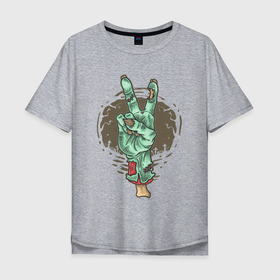 Мужская футболка хлопок Oversize с принтом Zombie Hand в Кировске, 100% хлопок | свободный крой, круглый ворот, “спинка” длиннее передней части | art | bones | halloween | halwin | hand | world | zombie | арт | зомби | кости | мир | рука | хэллоуин | хэлуин