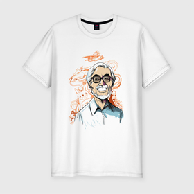 Мужская футболка хлопок Slim с принтом HayaoTotoro в Белгороде, 92% хлопок, 8% лайкра | приталенный силуэт, круглый вырез ворота, длина до линии бедра, короткий рукав | anime | cartoon | hayao miyazaki | miyazaki | portrait | totoro | аниме | миядзаки | портрет | рисунок | тоторо | хаяо миядзаки