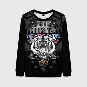 Мужской свитшот 3D с принтом Merry Christmas 2022 в Курске, 100% полиэстер с мягким внутренним слоем | круглый вырез горловины, мягкая резинка на манжетах и поясе, свободная посадка по фигуре | 2022 | beast | merry christmas | new year | predator | stars | stern look | white tiger | year of the tiger | белый тигр | год тигра | звезды | зверь | новый год | суровый взгляд | хищник