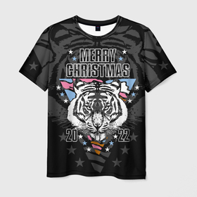 Мужская футболка 3D с принтом Merry Christmas 2022 , 100% полиэфир | прямой крой, круглый вырез горловины, длина до линии бедер | 2022 | beast | merry christmas | new year | predator | stars | stern look | white tiger | year of the tiger | белый тигр | год тигра | звезды | зверь | новый год | суровый взгляд | хищник