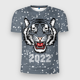 Мужская футболка 3D спортивная с принтом Водяной тигр 2022 , 100% полиэстер с улучшенными характеристиками | приталенный силуэт, круглая горловина, широкие плечи, сужается к линии бедра | Тематика изображения на принте: 2022 | beast | fangs | merry christmas | new year | predator | snow | stars | stern grin | water tiger | winter | year of the tiger | водяной тигр | год тигра | звезды | зверь | зима | клыки | новый год | снег | суровый оскал | хищник
