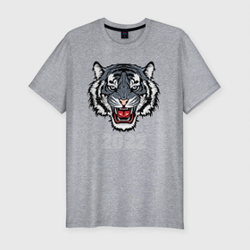 Мужская футболка хлопок Slim с принтом Голубой водяной тигр 2022 в Новосибирске, 92% хлопок, 8% лайкра | приталенный силуэт, круглый вырез ворота, длина до линии бедра, короткий рукав | 2022 | beast | fangs | merry christmas | new year | predator | stars | stern grin | water tiger | year of the tiger | водяной тигр | год тигра | звезды | зверь | клыки | новый год | суровый оскал | хищник