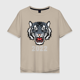Мужская футболка хлопок Oversize с принтом Голубой водяной тигр 2022 в Санкт-Петербурге, 100% хлопок | свободный крой, круглый ворот, “спинка” длиннее передней части | 2022 | beast | fangs | merry christmas | new year | predator | stars | stern grin | water tiger | year of the tiger | водяной тигр | год тигра | звезды | зверь | клыки | новый год | суровый оскал | хищник