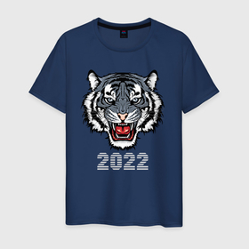 Мужская футболка хлопок с принтом Голубой водяной тигр 2022 , 100% хлопок | прямой крой, круглый вырез горловины, длина до линии бедер, слегка спущенное плечо. | 2022 | beast | fangs | merry christmas | new year | predator | stars | stern grin | water tiger | year of the tiger | водяной тигр | год тигра | звезды | зверь | клыки | новый год | суровый оскал | хищник