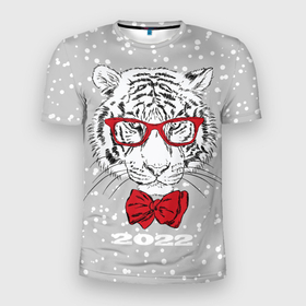 Мужская футболка 3D спортивная с принтом Белый тигр с красным бантом в Новосибирске, 100% полиэстер с улучшенными характеристиками | приталенный силуэт, круглая горловина, широкие плечи, сужается к линии бедра | 2022 | animal | fangs | merry christmas | new year | predator | red bow | severe grin | snow | white water tiger | winter | year of the tiger | белый водяной тигр | год тигра | зверь | зима | клыки | красный бант | новый год | очки | снег | суро