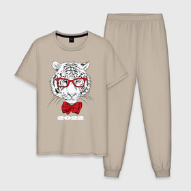 Мужская пижама хлопок с принтом Белый тигр в красных очках в Екатеринбурге, 100% хлопок | брюки и футболка прямого кроя, без карманов, на брюках мягкая резинка на поясе и по низу штанин
 | 2022 | beast | bow tie | fangs | merry christmas | new year | predator | stern grin | white water tiger | year of the tiger | белый водяной тигр | галстук бабочка | год тигра | зверь | клыки | красные очки | новый год | суровый оскал | хищни