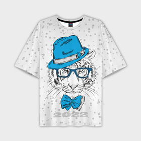 Мужская футболка OVERSIZE 3D с принтом Белый тигр в синей шляпе в Екатеринбурге,  |  | 2022 | beast | blue hat | bow | merry christmas | new year | predator | snow | white water tiger | winter | year of the tiger | бант | белый водяной тигр | год тигра | зверь | зима | новый год | очки | синяя шляпа | снег | хищник