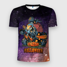 Мужская футболка 3D Slim с принтом Ведьмачка в Белгороде, 100% полиэстер с улучшенными характеристиками | приталенный силуэт, круглая горловина, широкие плечи, сужается к линии бедра | halloween | арт | ведьма | графика | метла | мистика | праздник | тыква | ужасы | хэллоуин