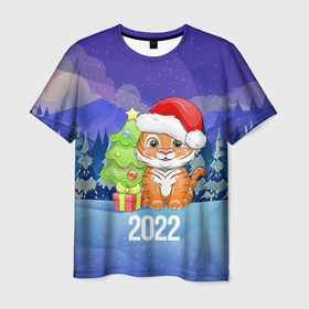 Мужская футболка 3D с принтом Новый Год тигра 2022 в Петрозаводске, 100% полиэфир | прямой крой, круглый вырез горловины, длина до линии бедер | 2022 | год тигра | новый год | новый год 2022 | символ года | тигр | тигренок | тигрица | тигры