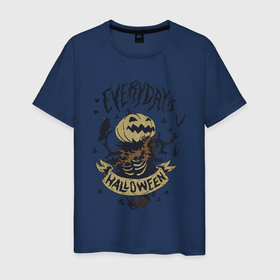 Мужская футболка хлопок с принтом Halloween в Екатеринбурге, 100% хлопок | прямой крой, круглый вырез горловины, длина до линии бедер, слегка спущенное плечо. | art | halloween | holiday | pumpkin | raven | scarecrow | арт | ворон | праздник | пугало | тыква | хэллоуин | хэлуин