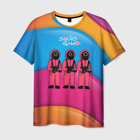 Мужская футболка 3D с принтом Игра в кальмара   красочный фон в Тюмени, 100% полиэфир | прямой крой, круглый вырез горловины, длина до линии бедер | among us | squid game | выживание | игра в кальмара | кальмар | корейский | корея | хван чжун хо | чо сан