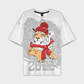 Мужская футболка OVERSIZE 3D с принтом Тигр в красной шапке в Курске,  |  | 2022 | beast | merry christmas | new year | predator | proud tiger | red hat | scarf | snow | winter | year of the tiger | год тигра | гордый тигр | зверь | зима | красная шапка | новый год | снег | хищник | шарф