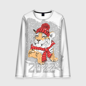 Мужской лонгслив 3D с принтом Тигр в красной шапке в Петрозаводске, 100% полиэстер | длинные рукава, круглый вырез горловины, полуприлегающий силуэт | 2022 | beast | merry christmas | new year | predator | proud tiger | red hat | scarf | snow | winter | year of the tiger | год тигра | гордый тигр | зверь | зима | красная шапка | новый год | снег | хищник | шарф