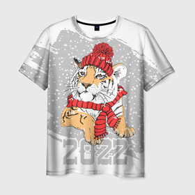 Мужская футболка 3D с принтом Тигр в красной шапке в Екатеринбурге, 100% полиэфир | прямой крой, круглый вырез горловины, длина до линии бедер | 2022 | beast | merry christmas | new year | predator | proud tiger | red hat | scarf | snow | winter | year of the tiger | год тигра | гордый тигр | зверь | зима | красная шапка | новый год | снег | хищник | шарф