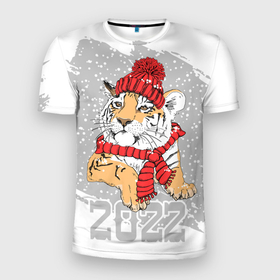 Мужская футболка 3D спортивная с принтом Тигр в красной шапке в Екатеринбурге, 100% полиэстер с улучшенными характеристиками | приталенный силуэт, круглая горловина, широкие плечи, сужается к линии бедра | 2022 | beast | merry christmas | new year | predator | proud tiger | red hat | scarf | snow | winter | year of the tiger | год тигра | гордый тигр | зверь | зима | красная шапка | новый год | снег | хищник | шарф
