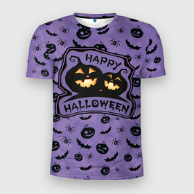 Мужская футболка 3D Slim с принтом Happy Halloween    черные тыквы со светящимися желтыми глазами в Курске, 100% полиэстер с улучшенными характеристиками | приталенный силуэт, круглая горловина, широкие плечи, сужается к линии бедра | halloween | костюмы на хэллоун | праздник | хайп | хэллоуин