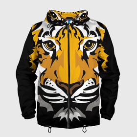 Мужская ветровка 3D с принтом Суровый взгляд тигра в Новосибирске, 100% полиэстер | подол и капюшон оформлены резинкой с фиксаторами, два кармана без застежек по бокам, один потайной карман на груди | 2022 | beast | look | merry christmas | new year | predator | stern | tiger | year of the tiger | взгляд | год тигра | зверь | новый год | суровый | тигр | хищник