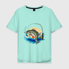 Мужская футболка хлопок Oversize с принтом Вечерний улов , 100% хлопок | свободный крой, круглый ворот, “спинка” длиннее передней части | вечер | волны | закат | иллюстрация | рыбка | удочка | улов