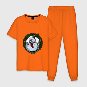 Мужская пижама хлопок с принтом Новогодний венок в Тюмени, 100% хлопок | брюки и футболка прямого кроя, без карманов, на брюках мягкая резинка на поясе и по низу штанин
 | new | арт | венок | иллюстрация | снеговик