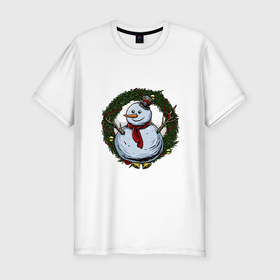 Мужская футболка хлопок Slim с принтом Новогодний венок в Санкт-Петербурге, 92% хлопок, 8% лайкра | приталенный силуэт, круглый вырез ворота, длина до линии бедра, короткий рукав | new | арт | венок | иллюстрация | снеговик
