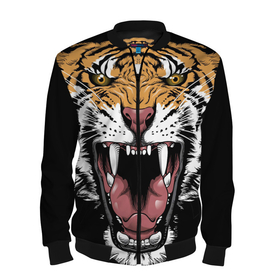 Мужской бомбер 3D с принтом Оскал амурского тигра в Санкт-Петербурге, 100% полиэстер | застегивается на молнию, по бокам два кармана без застежек, по низу бомбера и на воротнике - эластичная резинка | 2022 | amur tiger | beast | merry christmas | new year | open mouth | predator | stern grin | year of the tiger | амурский тигр | год тигра | зверь | новый год | открытая пасть | суровый оскал | хищник